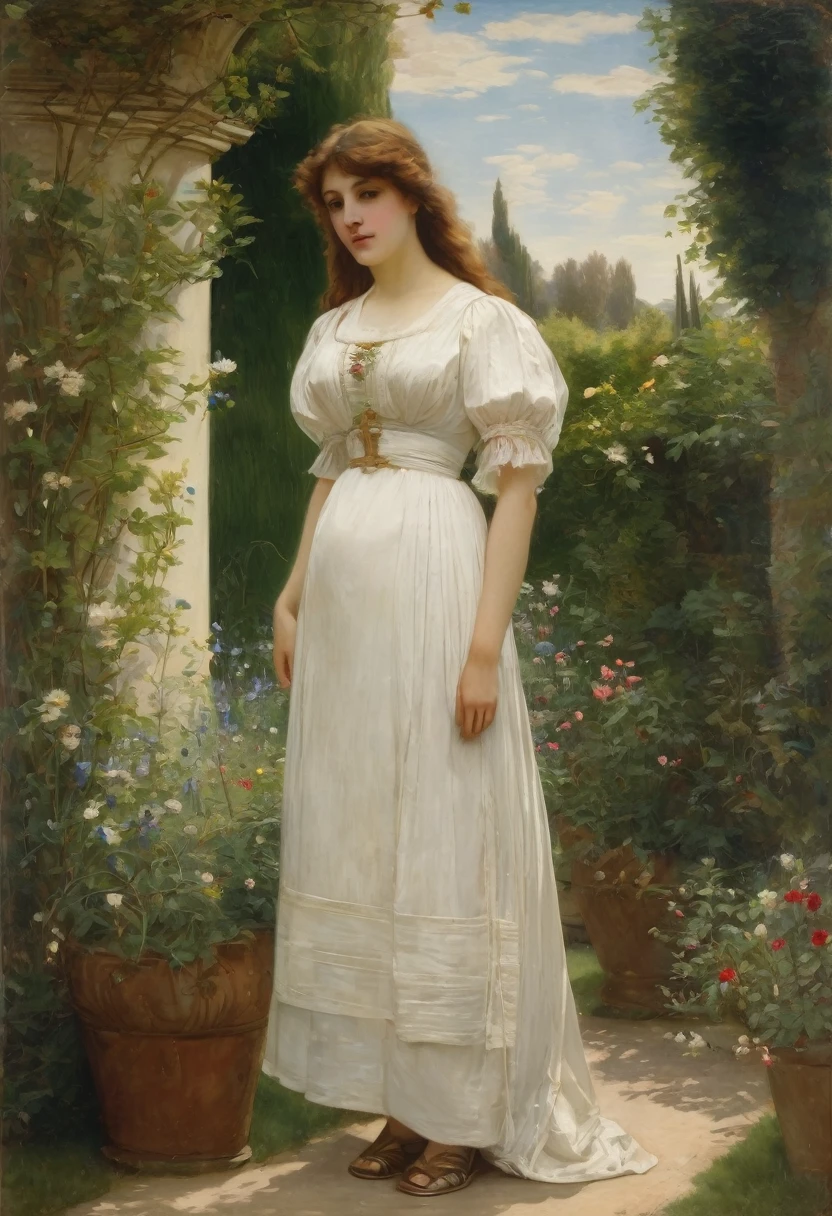 Pre-Raphaelite painting of a woman in a white dress standing in a garden, in a garden, in a garden, Auguste Toulmouch, Jean-Paul Laurens, after Jean-Paul Laurens, Jules Robert Auguste, in a garden, Antonio Cisery, Eugène von Guerard, Eugène Leroy, Louise Catherine Breslau