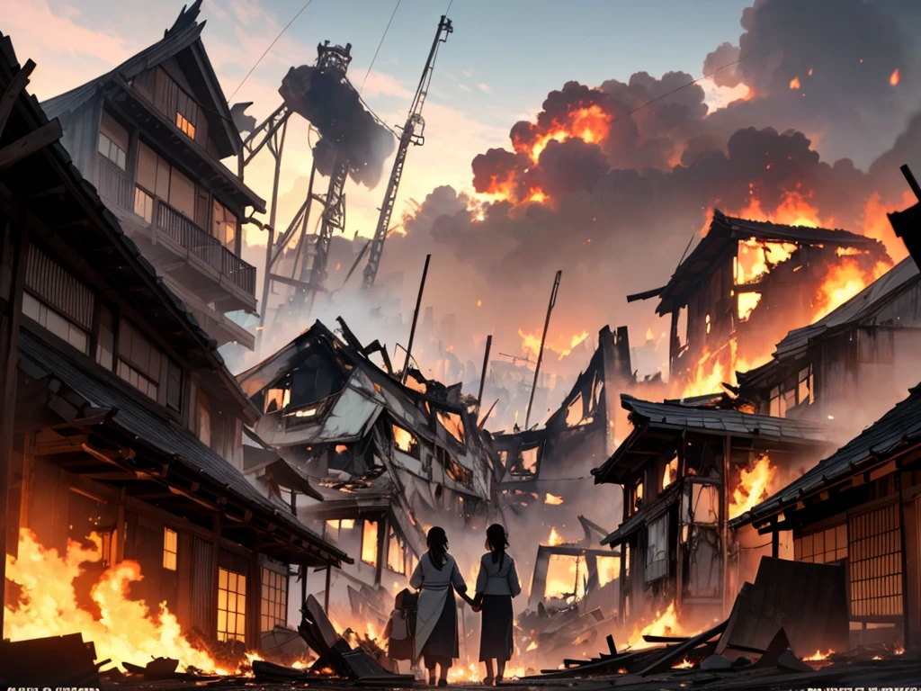 a mother and kid holding hands looking at a destroyed in fire feudal japanese city, back view, dinamic camera,