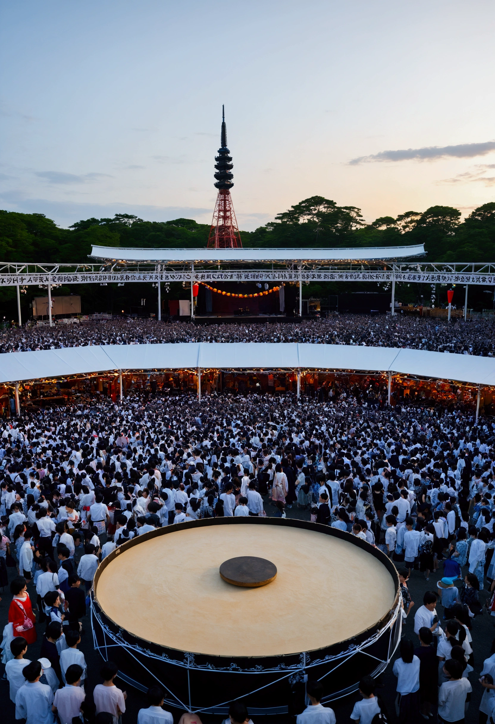 Japan、Festivals、Bon Odori no Yagura、wooden、night、Big drum、kitsch、high tech、The plaza surrounding the stage、distinct、Cinematic、Anime influences、ultra modern、Sharp Focus、landscape、
