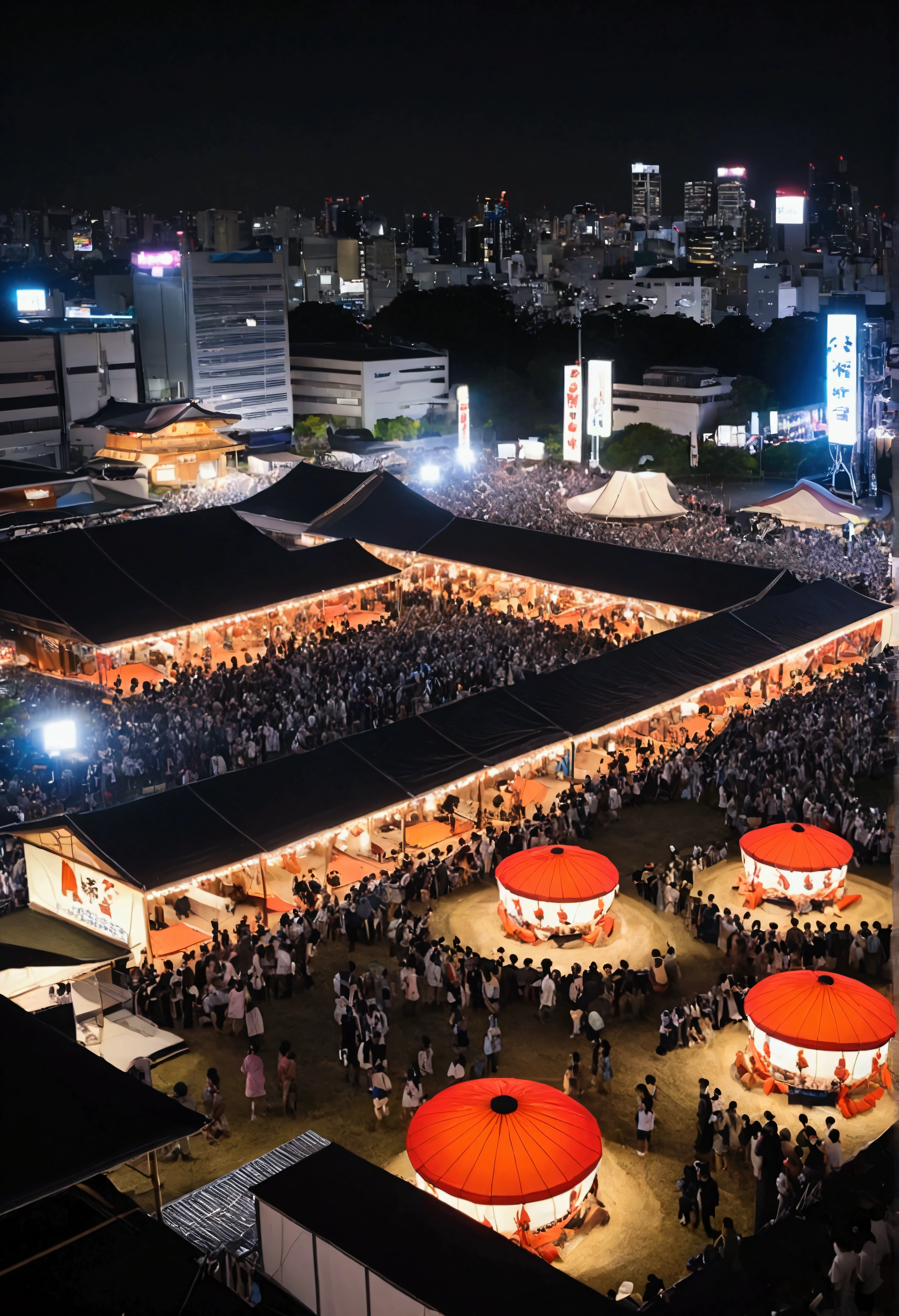 Japan、Festivals、Bon Odori no Yagura、wooden、night、Big drum、kitsch、high tech、The plaza surrounding the stage、distinct、Cinematic、Anime influences、ultra modern、Sharp Focus、landscape、
