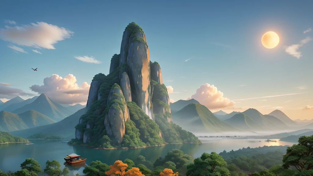  The image you’ve described depicts a traditional East Asian landscape painting. It features misty mountains with sharp peaks, some partially obscured by clouds or fog. A waterfall cascades down one of the mountains. In the foreground, there are two small boats on what appears to be a calm body of water. Birds are in flight throughout the scene, and there is an orange sun or moon hanging low in the sky, suggesting either dawn or dusk. The painting’s use of soft colors and blurred lines gives it a tranquil and ethereal quality. Đẹp