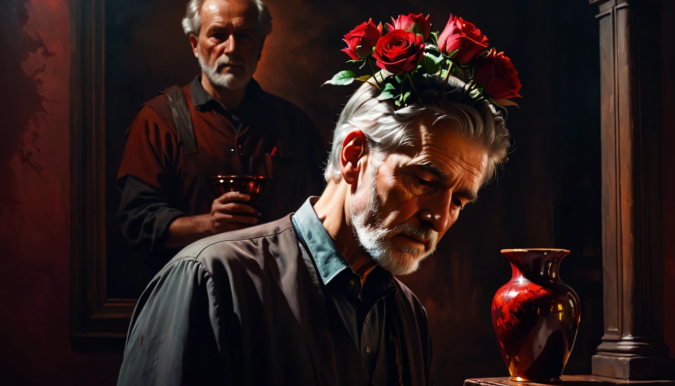 a man broke a flower vase on a old man head, bloody effect, oil painting, reddish tones, chiaroscuro lighting, dramatic moody atmosphere, cinematic composition, masterpiece, ultra-detailed, photorealistic, 8k, best quality