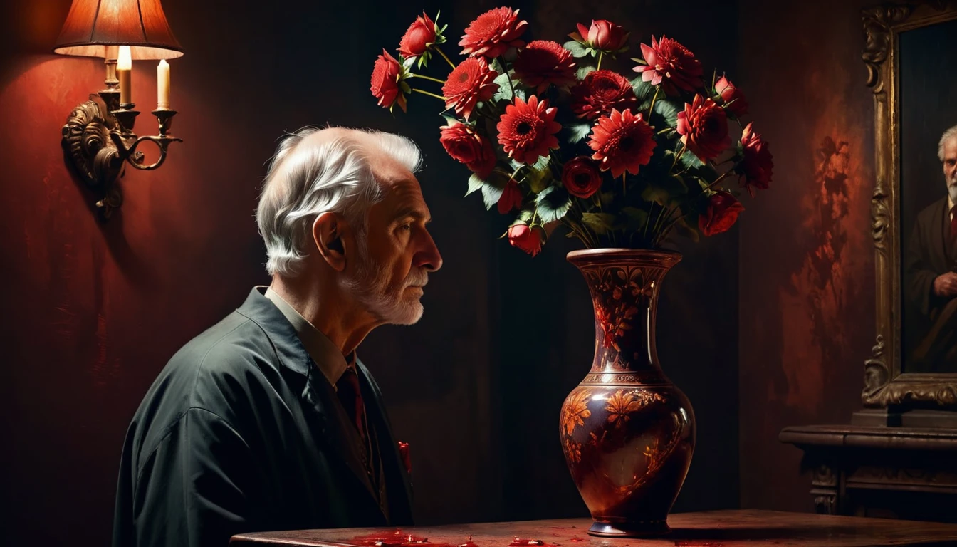 a man broke a flower vase on a old man head, bloody effect, oil painting, reddish tones, chiaroscuro lighting, dramatic moody atmosphere, cinematic composition, masterpiece, ultra-detailed, photorealistic, 8k, best quality