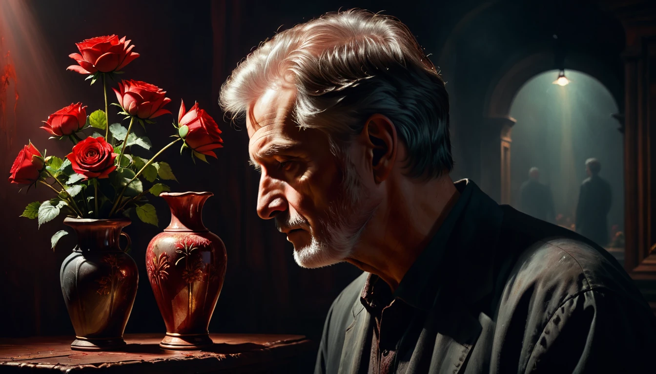 a man broke a flower vase on a old man head, bloody effect, oil painting, reddish tones, chiaroscuro lighting, dramatic moody atmosphere, cinematic composition, masterpiece, ultra-detailed, photorealistic, 8k, best quality