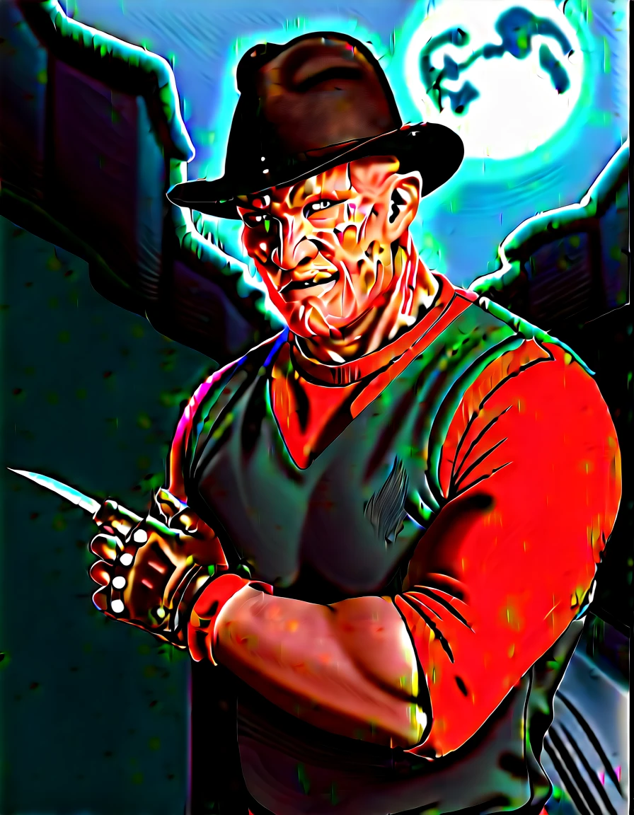 Freddy Krueger, Highly detailed, stylized illustration featuring a menacing figure with a grotesque, scarred face and pale skin. The character is wearing a dark brown fedora and a red and green striped sweater. His right hand is equipped with a glove that has long, sharp blades extending from the fingers, which are dripping with blood. The background shows a suburban street with a street sign labeled 'Elm St.' and a full moon illuminating the night sky. The overall color palette is dark and eerie, with a mix of deep blues, greens, and reds, enhancing the horror theme of the image.
