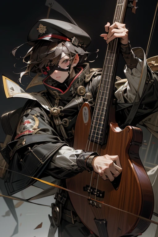 masterpiece,best quality,super detailed,super fine illustration,8k,dynamic angle,artistic,Visual Kei Band,bass,army jacket,army hat,Eye patch,Break detailed background,city,Break bass,perfect bass,detailed bass,(Break he plays a bass.,perfect hands,perfect fingers,),(fullface brasched:1.3),red lightning effect,