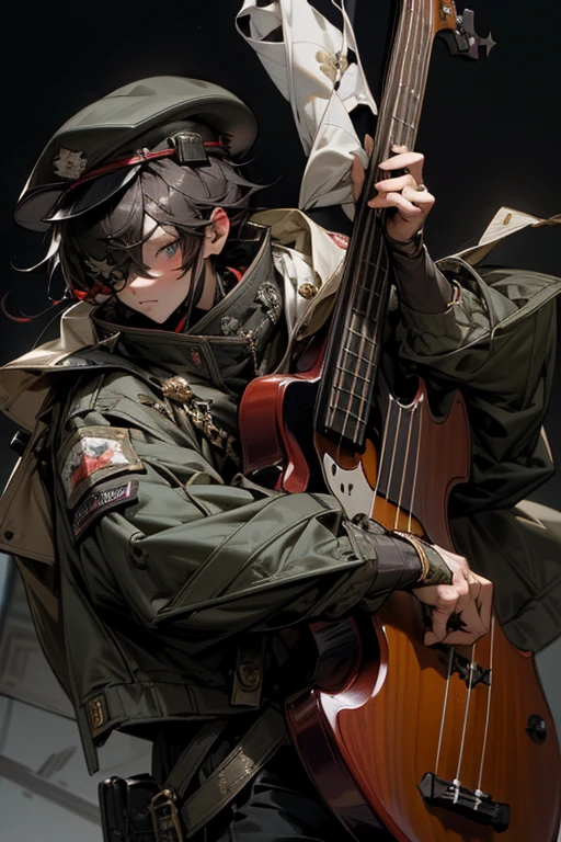 masterpiece,best quality,super detailed,super fine illustration,8k,dynamic angle,artistic,Visual Kei Band,bass,army jacket,army hat,Eye patch,Break detailed background,city,Break bass,perfect bass,detailed bass,(Break he plays a bass.,perfect hands,perfect fingers,),(fullface brasched:1.3),red lightning effect,