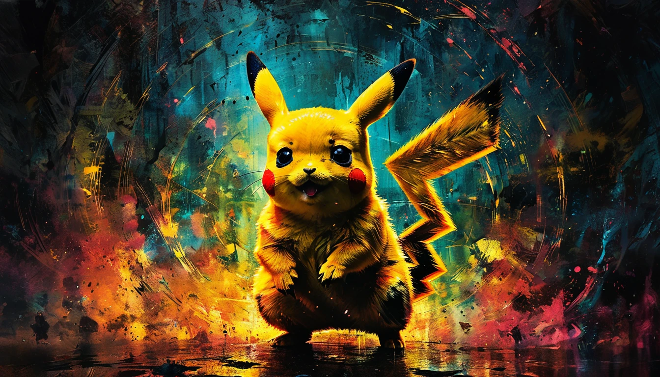striking pikachu painting, highy detailed, 8k, Spitz, proffesional, clearing, hight contrast, high saturation, , deep, vivid blacks, crystal clearing, movie poster
