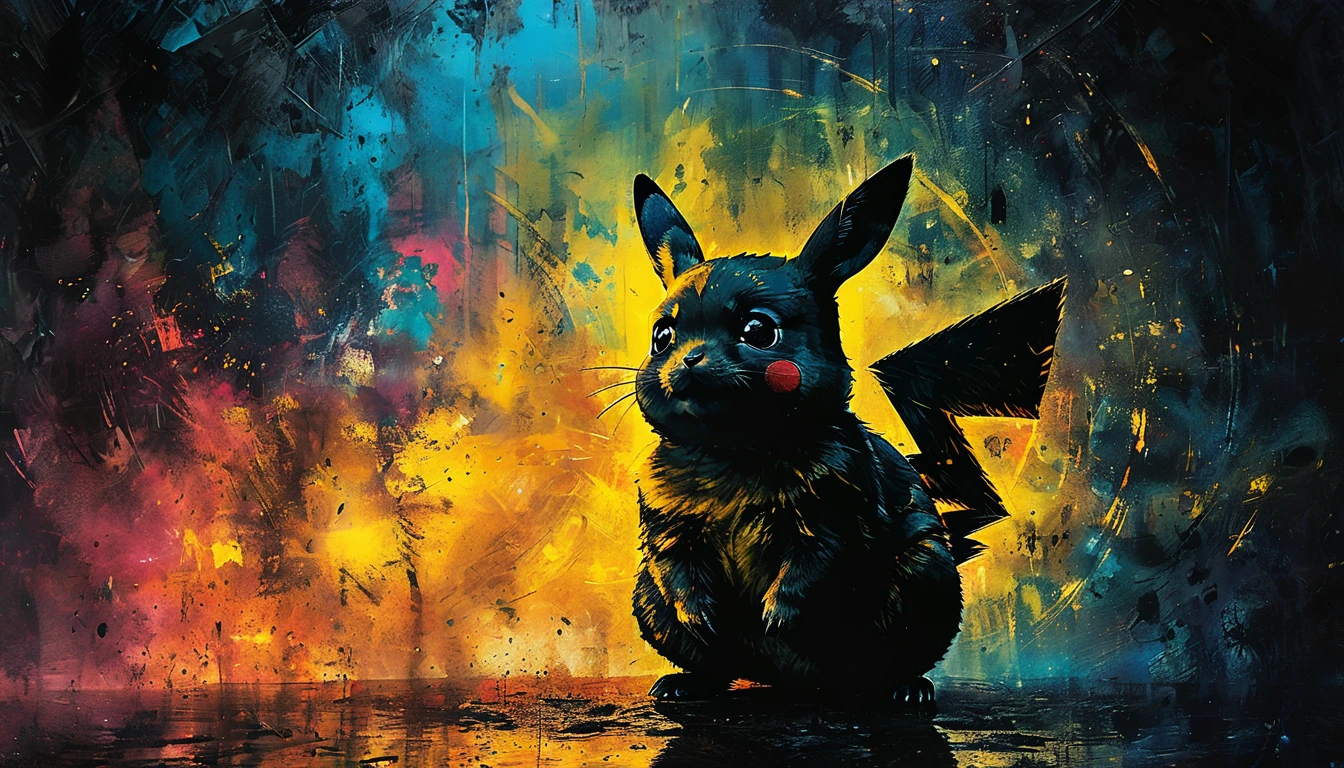 striking pikachu painting,       highy detailed,   8k,   Spitz,  proffesional, clearing,   hight contrast, high saturation, , deep, vivid blacks, crystal clearing, movie poster