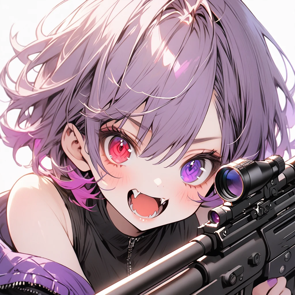 high resolution ,cute ,One Woman , Purple Hair, Two-tone ,short hair , Fangs Beautiful Eyes ,Red and purple heterochromia ,♰Eyes and shoulders are protruding ,Jacket ,Possessing a sniper rifle