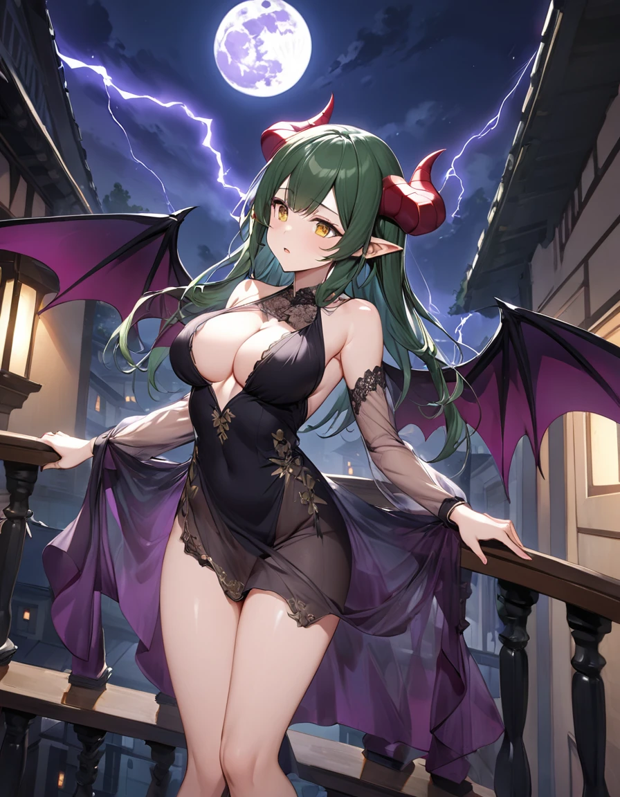 (nsfw)、high resolution、High definition、One Woman、Slim, small butt, large breasts、Golden eyes、BRAKE 、[dark green hair:scarlet hair:0.5]、BRAKE、Pointed Ears、Fair skin、((Get ready、Thrust your arms forward))、((Shoots purple lightning from his hands))、(Horns behind ears, red, curved, downward curl, angular, forward facing)、BRAKE、 (a pair of huge black bat wings growing at the base of the hips), BRAKE 、(Black dress, ultra-thin fabric, shoulders visible, see-through, red embroidery, long sleeves, long hem, decorative string、 cleavage, cleavage cutout, plunging necklines:1.2,)、A flushed and fragile expression、(night moon old balcony)、
