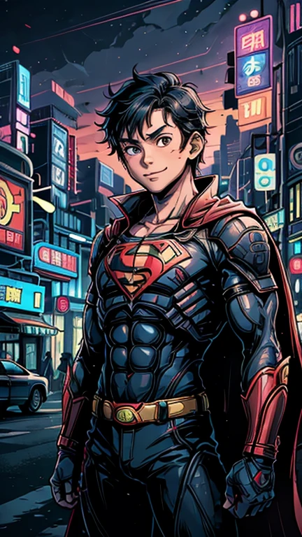 (8k),(masterpiece),(Japanese),(-yeld bo((innocent look)),((Childish)),From the front,Cowboy shot, upper body, smile,cute,Innocent,Kind eyes,Flat chest, DC Superman superhero, red cape, short,Hair blowing in the wind, Black Hair,Strong wind,midnight,dark, pitch black, Neon light PunkAI Metropolis City,