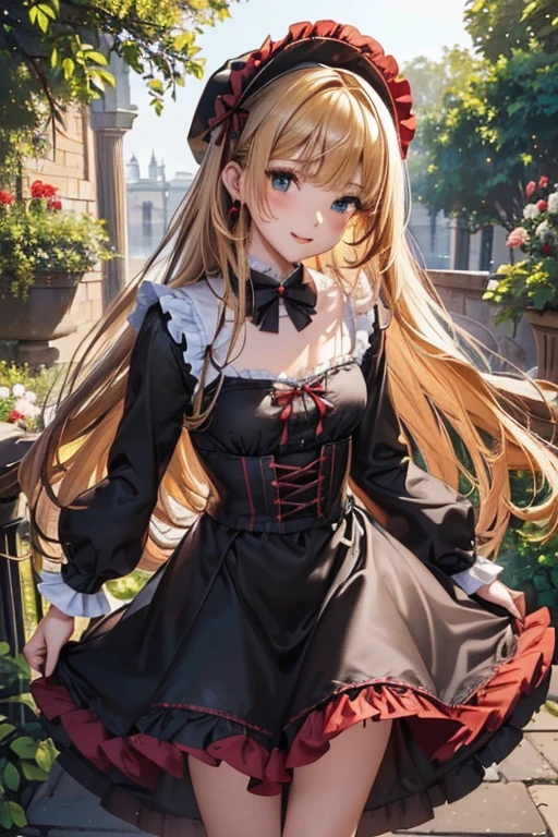 #基本
がphotographのポーズをとっている, ((One Girl)), (((Baby Face:1.2)) + ((cute:1.3))),
#女の子otographのポーズをとっている, ((One Girl)), (((Baby Face)) + ((cute)) + 16 yeaeak
#Clothing Accessories
(((Black and Red:1.4)Gothic Lolita Dresses) : ant + (Rococo Dress) + Gothic Lolita Fashion + (Longrt dress:1.4) + (Black and Red)jabot + (Black and Red)Bustier + (Black and Red)corset + ((Black and Red)Headdress) + ((Black and Red)bonnet)) + Black fishnet stockings + (Black High Heels),
red gem earrings, Fancy Necklace,
break
#Features
(Blonde:1.2), (Straight bangs + trimmed bangs), (Long Hair : Long Hair + Straight hair),
(Droopy eyes, blue eyes), (Very small breasts),
break
#background environment
(noon, (The garden of a large Western-style mansion + Garden of roses + sunlight shines)),
#Facial Expression Pose
((smile:1.4, blush), (A confident and graceful pose)),
#composition
((To the camera, Focus from below, Cowboy Shot)),
break
#Body parts elements
(Slim figure),
(Detailed Hair, Beautiful Hair, Shiny Hair),
(double eyelid, Long eyelashes),
(Expression of fine eyes, Beautiful and delicate eyes, Sparkling eyes, Eye Reflexes, Glitter Eyeliner, Big eyes:1.2),
(Human Ear),
(Beautiful Nose, Thin Nose),
(Glossy Lips, Beautiful Lips, Thick lips, Glossy Lips, Natural Cheeks),
(Detailed face, Symmetrical facial features),
(Detailed skin, Textured skin, Beautiful Skin, Glowing Skin),
break
#Quality Image Quality Common
(((Highest quality)), ((masterpiece)), ((Very detailed))), ((High resolution)), ((16K,1080P)),
(Anatomically correct), (Realistic), (3DCG),
#Quality image illustration
((comics, anime)), CG illustration,
#Quality image quality realistic
#(photo-Realistic:1.37), (Photorealistic), ((RAWphotograph)), (photograph),