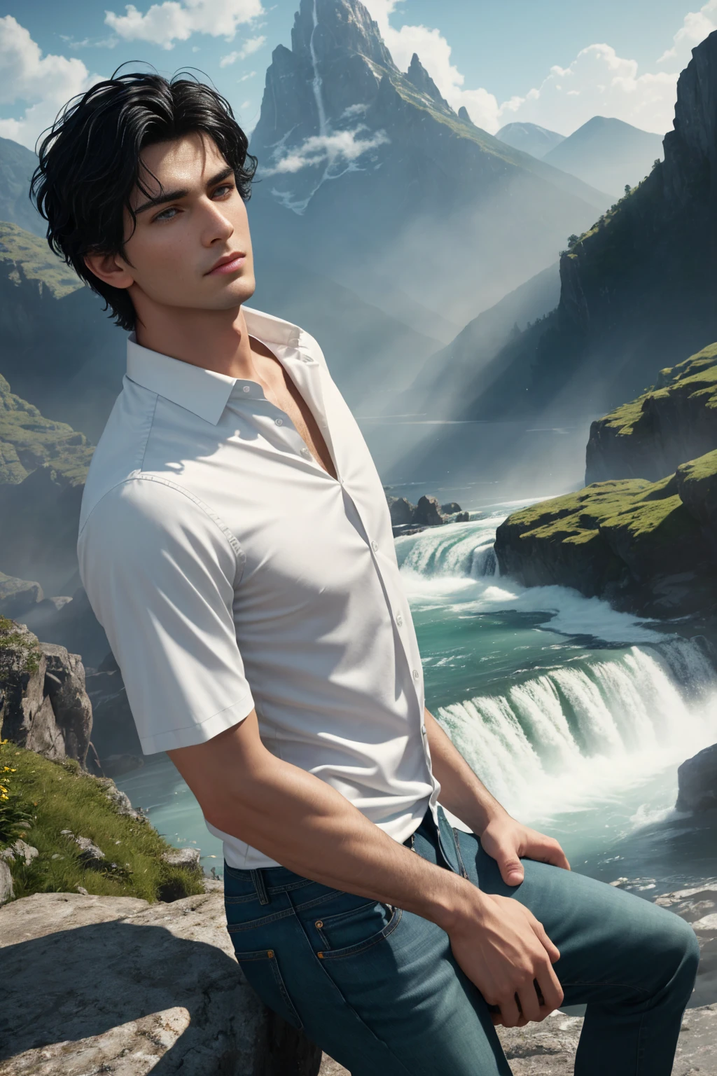Masterpiece, A boy has short black hair and green eyes, 1boy, AS-Adult, short-haired, black hair, amazing physicality, white shirt and jeans, green eyes, wavy-hair, totally-clean-shave symmetrical face. Symmetrical, smooth, clean shave focus, illustration, realistic, artstation, award winning photography, octane render, cinematic lighting from the right, hyper realism, octane render, 8k, depth of field, 3D, he looks at the viewers, backgound mountains and waterfalls