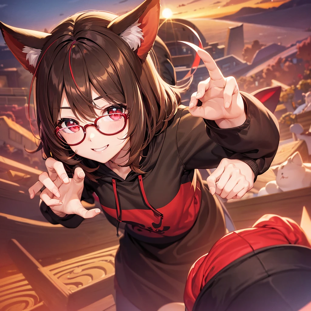 １People Girls、Light brown short hair with outward curlischievous Smile、Red Eyes、Animal Ears、Red Glasses、black and red hoodie、Black Skirt、Free Pose、Under the sunset sky