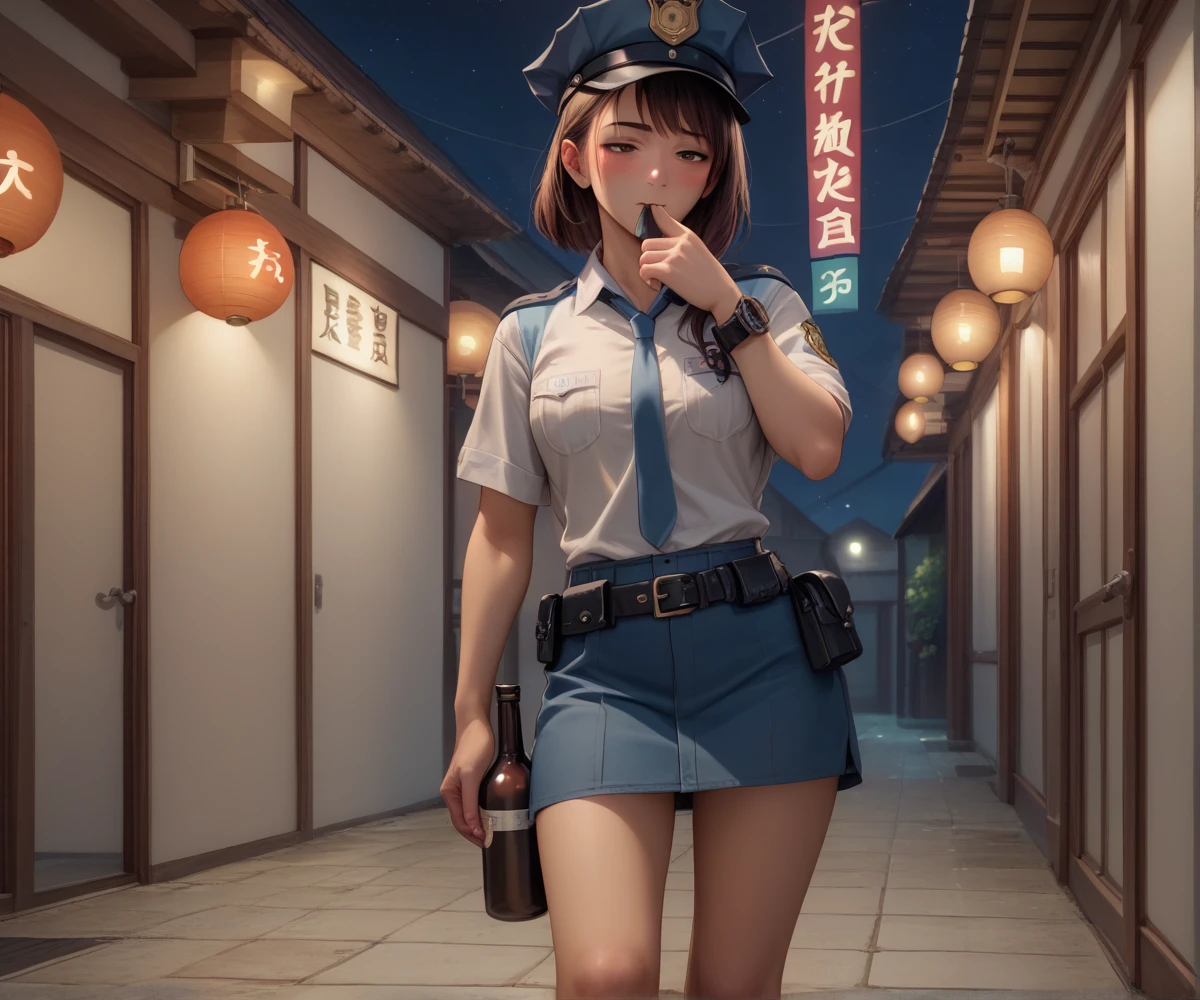 Japanese beauty naked,Alone,Wearing a police belt around his waist,Watch on wrist,Drunk,Hiccups、Embarrassing、Standing in front of a white wall,Right to chest,Left hand near mouth.Standing knee-high shot,night,Indoor Japanese-style room,Ultra high definition,16K