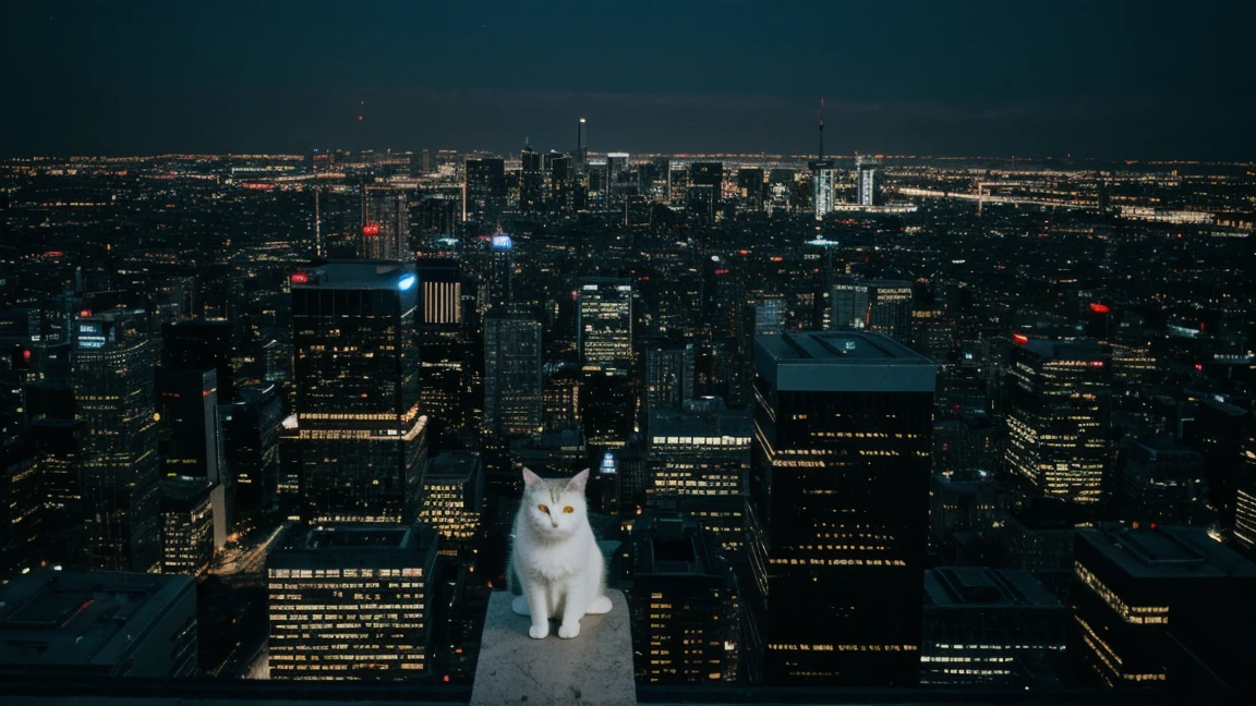 landscape, no one, city, skyscrapers, roof of a tall building, a cat stands on the parapet looking down, night, neon lights, illustration, cinematic lighting, close-up, from above, UHD, best quality, 4K