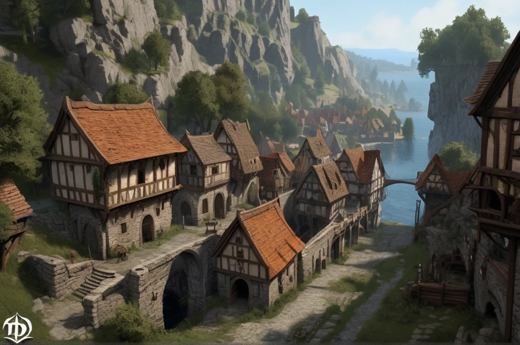 8k, masterpiece, best quality, realistic, higly detailed, landscape, dnd, d&d, dungeons and dragons, dungeons & dragons, rpg, ttrp, medieval town, with a port, hill town