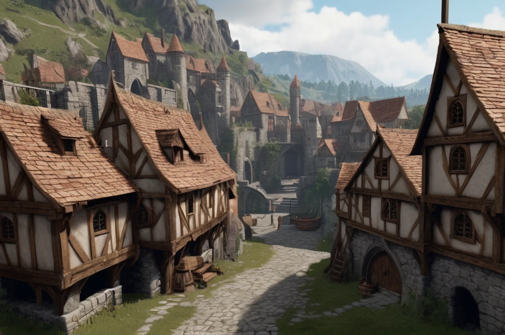 8k, masterpiece, best quality, realistic, higly detailed, landscape, dnd, d&d, dungeons and dragons, dungeons & dragons, rpg, ttrp, medieval town, with a port, hill town