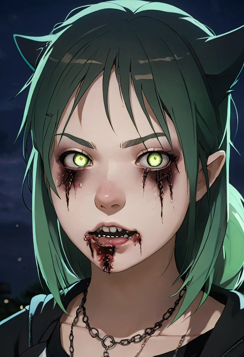 Anime zombie undead girl, cut face, scars on a face, black sclera, shark teeth, glowing eyes, smug face, pale greenish decayed skin, black t-shirt, electric necklace, cute