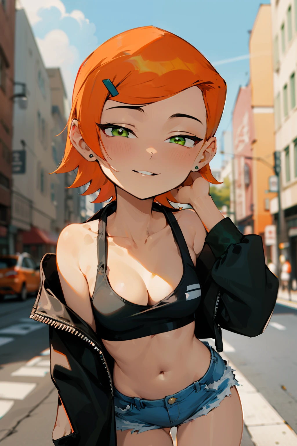 (Masterpiece), Best Quality, ultra-detailed, 1girl (Gwendolyn_Tennyson,  breasts, orange hair,  short hair, green eyes, half-closed  eyes), a  seductive face,  wicked smile, parted lips,  facing viewer, looking at viewer, solo, black  jacket, leather jacket,  white tank_top, cleavage, navel,  denim  short shorts, outdoors, street,  standing, Sexy waist teasing 