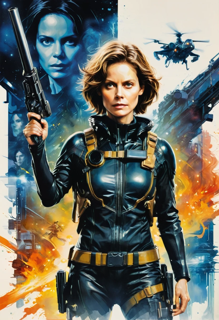 "Ellen Ripley" movie poster, woman clothing, by Dustin Nguyen, best quality, masterpiece, very aesthetic, perfect composition, intricate details, ultra-detailed