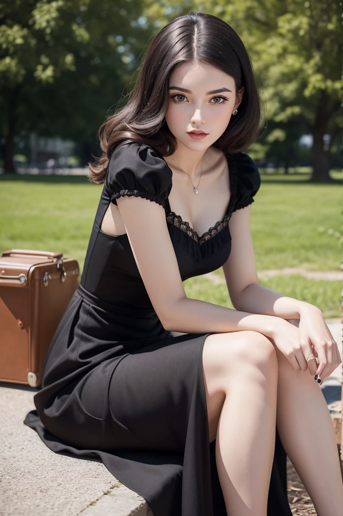 young vintage woman, retro style, wearing a black dress, sitting in a square, having a picnic, realistic, highly detailed photo