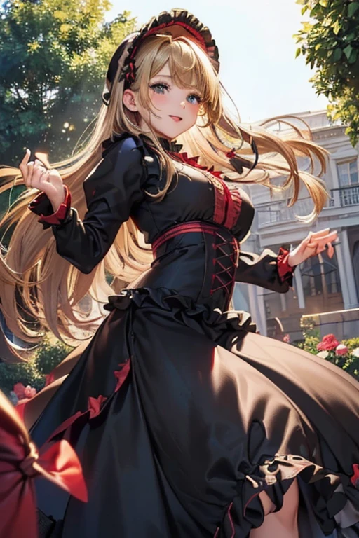 #基本
女の子がphotographのポーズをとっている, ((One Girl)), (((Baby Face:1.2)) + ((cute:1.3))),
#女の子がphotographのポーズをとっている, ((One Girl)), (((Baby Face)) + ((cute)) + 16 years old),
break
#Clothing Accessories
(((Black and Red:1.4)Gothic Lolita Dresses) : Elegant + (Rococo Dress) + Gothic Lolita Fashion + (Long skirt dress:1.4) + (Black and Red)jabot + (Black and Red)Bustier + (Black and Red)corset + ((Black and Red)Headdress) + ((Black and Red)bonnet)) + (Black High Heels),
red gem earrings, Fancy Necklace,
break
#Features
(Blonde:1.2), (Straight bangs + trimmed bangs), (Long Hair : Long Hair + Straight hair),
(Droopy eyes, blue eyes), (Very small breasts),
break
#background environment
(noon, (The garden of a large Western-style mansion + Garden of roses + sunlight shines)),
#Facial Expression Pose
((smile:1.4, blush), (A confident and graceful pose)),
#composition
((To the camera, Focus from below, Cowboy Shot)),
break
#Body parts elements
(Slim figure),
(Detailed Hair, Beautiful Hair, Shiny Hair),
(double eyelid, Long eyelashes),
(Expression of fine eyes, Beautiful and delicate eyes, Sparkling eyes, Eye Reflexes, Glitter Eyeliner, Big eyes:1.2),
(Human Ear),
(Beautiful Nose, Thin Nose),
(Glossy Lips, Beautiful Lips, Thick lips, Glossy Lips, Natural Cheeks),
(Detailed face, Symmetrical facial features),
(Detailed skin, Textured skin, Beautiful Skin, Glowing Skin),
break
#Quality Image Quality Common
(((Highest quality)), ((masterpiece)), ((Very detailed))), ((High resolution)), ((16K,1080P)),
(Anatomically correct), (Realistic), (3DCG),
#Quality image illustration
((comics, anime)), CG illustration,
#Quality image quality realistic
#(photo-Realistic:1.37), (Photorealistic), ((RAWphotograph)), (photograph),