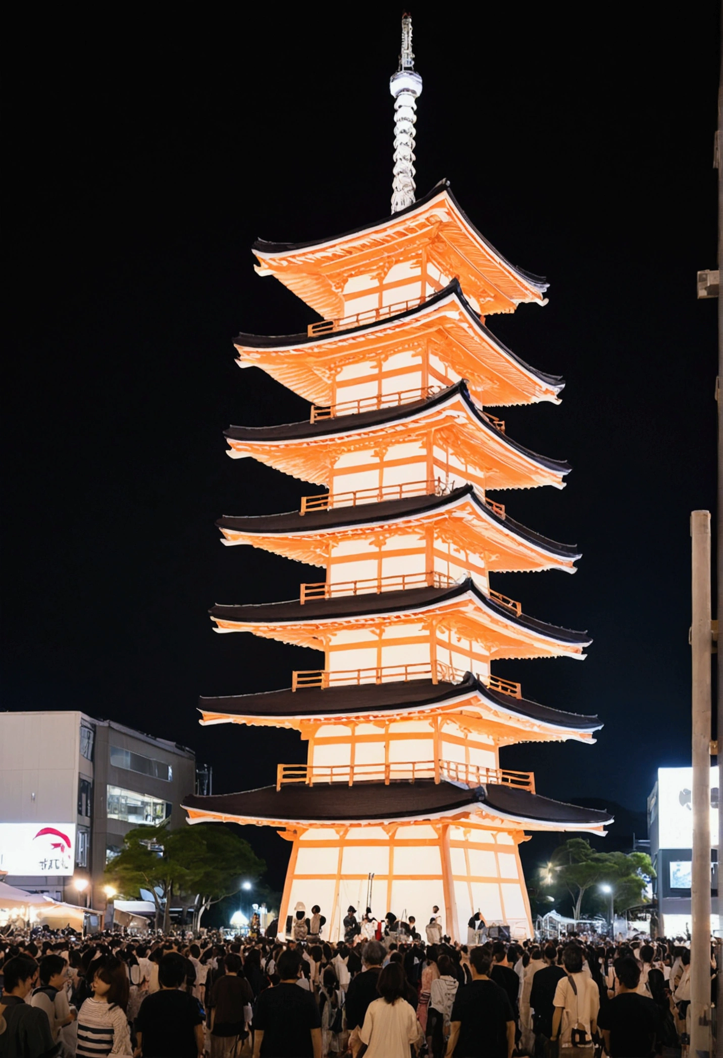 Japan、Festivals、Bon Odori Tower, 2 stories、No roof、wooden、night、Big drum、kitsch、high tech、The plaza surrounding the stage、distinct、Cinematic、Anime influences、ultra modern、Sharp Focus、landscape、sketch、unmanned