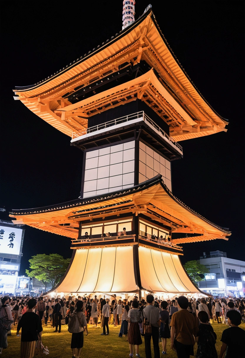 Japan、Festivals、Bon Odori Tower, 2 stories、No roof、wooden、night、Big drum、kitsch、high tech、The plaza surrounding the stage、distinct、Cinematic、Anime influences、ultra modern、Sharp Focus、landscape、sketch、unmanned