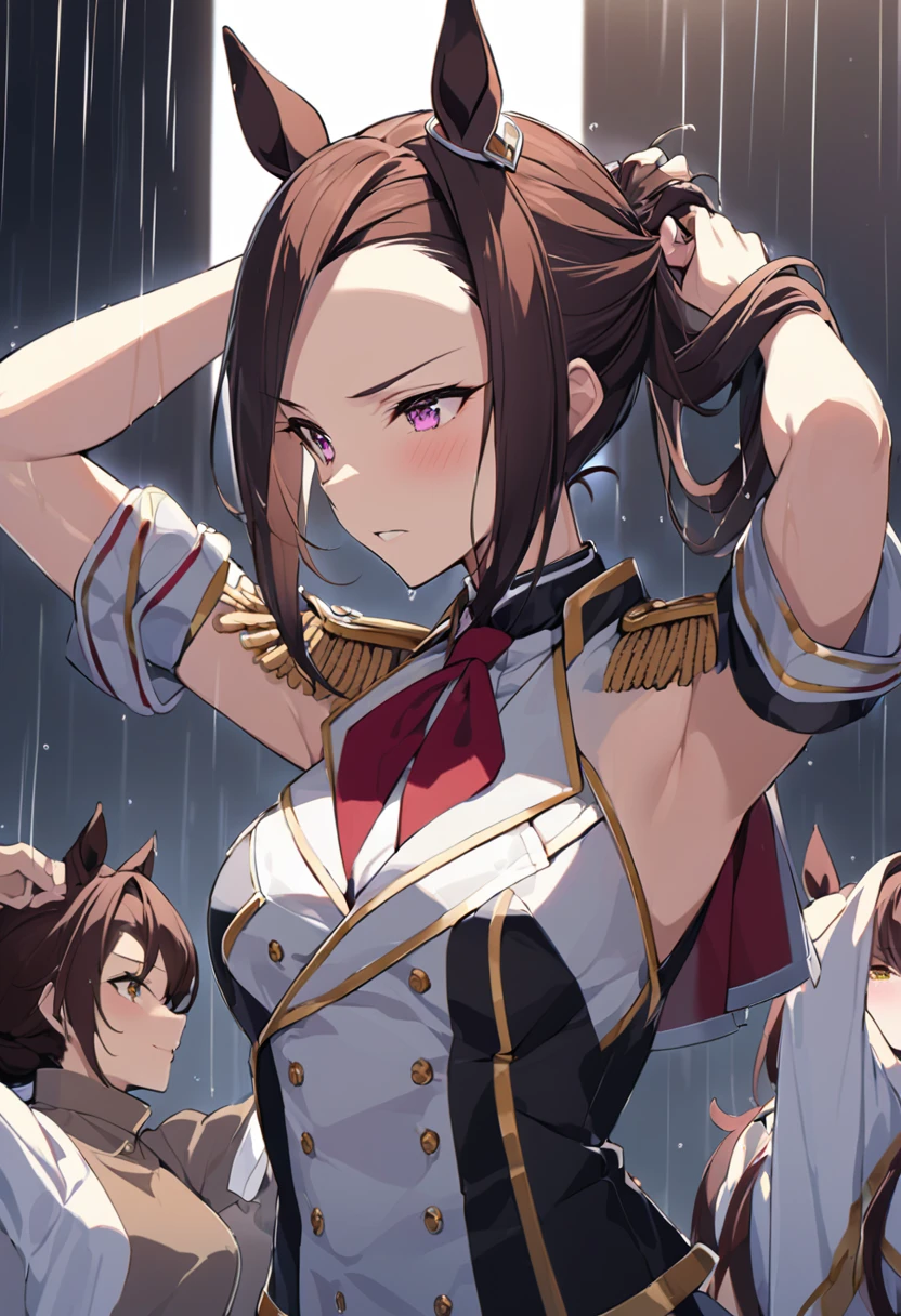 masterpiece, Highest quality,, Sakura Bakushin ○ (umamusume),, (cl○se-up:1.2), rain, cl○ud, cl○udy, shad○w,, seri○us, Raise the hand, Underarm, cl○sed m○uth, m○uth h○ld,, Epaulettes, black gl○ves, No sleeve, yell○w neckerchief, shirt, Tying up hair,