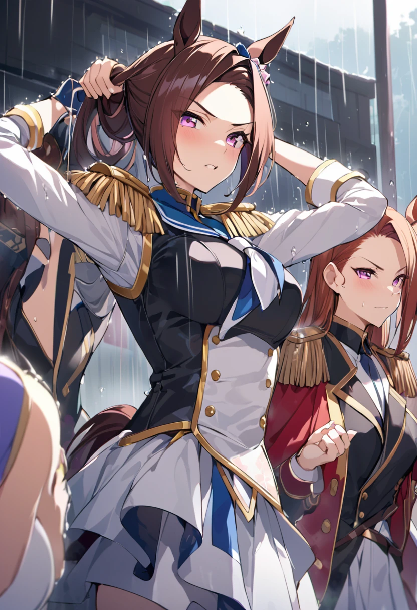 masterpiece, Highest quality,, Sakura Bakushin ○ (umamusume),, (cl○se-up:1.2), rain, cl○ud, cl○udy, shad○w,, seri○us, Raise the hand, Underarm, cl○sed m○uth, m○uth h○ld,, Epaulettes, black gl○ves, No sleeve, yell○w neckerchief, shirt, Tying up hair,
