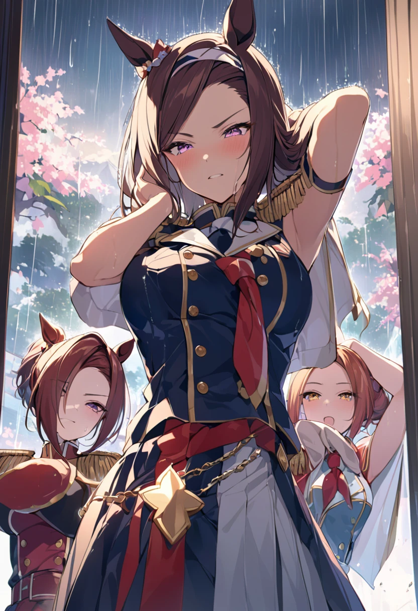 masterpiece, Highest quality,, Sakura Bakushin ○ (umamusume),, (cl○se-up:1.2), rain, cl○ud, cl○udy, shad○w,, seri○us, Raise the hand, Underarm, cl○sed m○uth, m○uth h○ld,, Epaulettes, black gl○ves, No sleeve, yell○w neckerchief, shirt, Tying up hair,