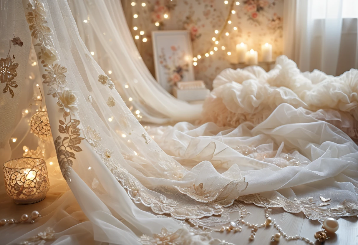 ((background only)),Overhead shot,(((masterpiece))), (((Highest quality))), ((Super detailed)), ((非常にdelicateで美しい)), (最高masterpiece:1.4),delicate,8k,((Arrange the square shaped fabric all over:1.5)),((A wall of frills:1.5))((Beautiful layered tulle wallpaper:1.5))((Generate cloth only:1.4)),(Zooming in on the tulle fabric that fills the entire screen:1.4)Collage fabric,ghostwhite,A lot of cotton,Fairy tale,ribbon,Pearl ornament,Glitter ornaments,doily,(Shabby chic),Cute atmosphere,Soft atmosphere,Wedding Decorations