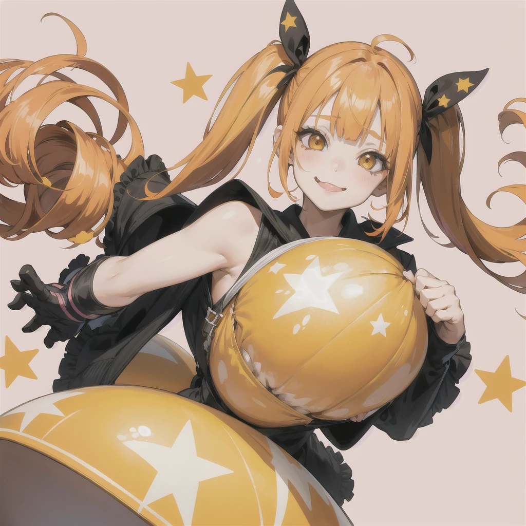 One girl, masterpiece, Twin tails, bangs, Orange Hair, Two Side Up, Heavy makeup, Sticking out tongue, Round eyes, Zoom Layer, Yellow star hair accessory, Illustration, Cancerのイメージ,Pink background,Cancer,smile, Naughty face,