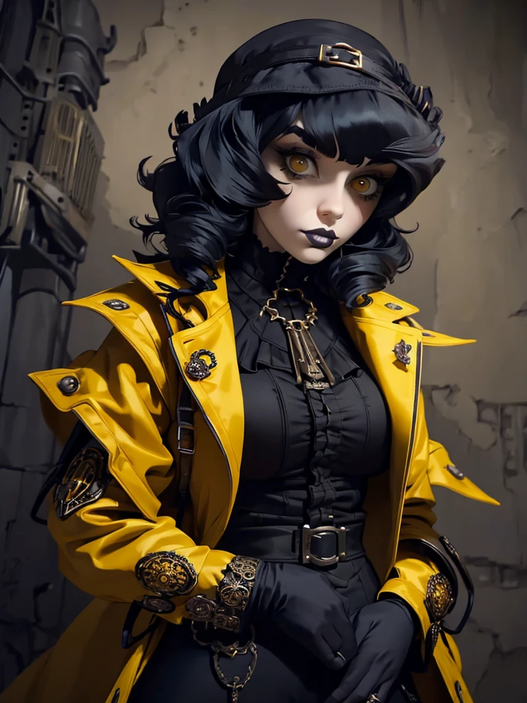 araffe dressed in a yellow coat and black pants posing for a picture, a portrait by Mab Graves, tumblr, gothic art, pale goth beauty, victorian goth, dieselpunk look, glamourous cosplay, very beautiful goth top model, goth chic, steampunk clothes, goth style, androgynous vampire, beautiful androgynous prince, gothic outfit, dystopian scifi outfit