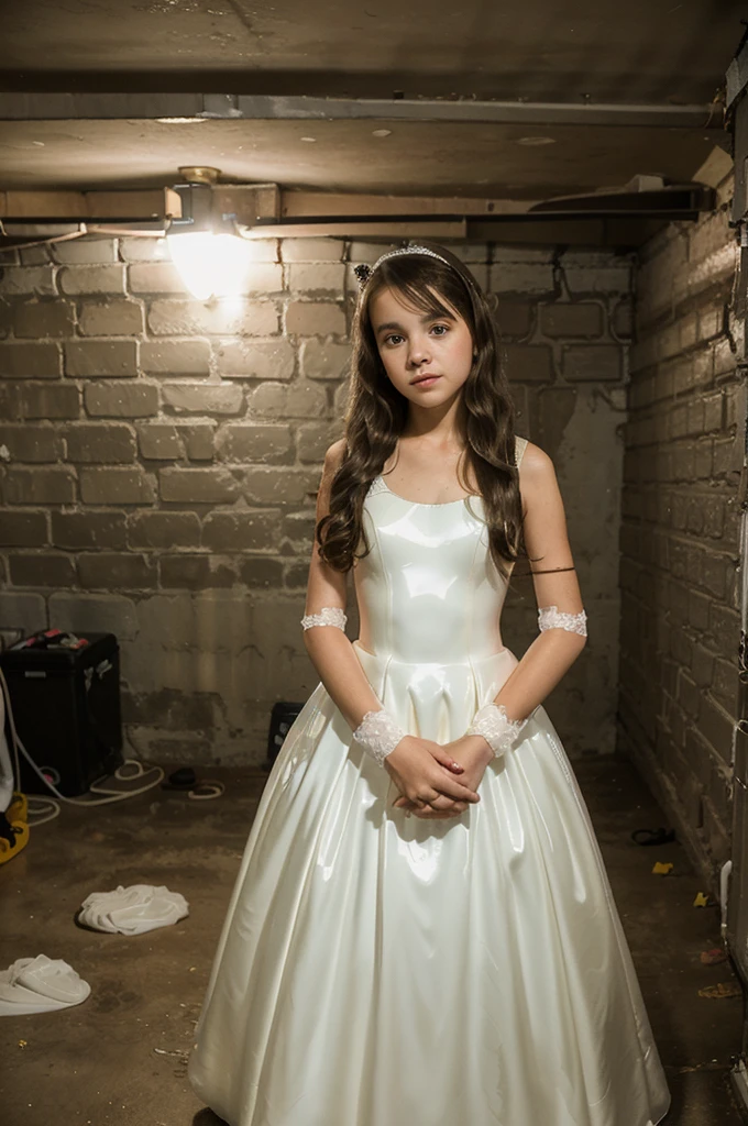 ((young girl))((tween bride))((12-year-old-girl)), (wearing a long tight, latex bodycon wedding dress) (standing in a basement),