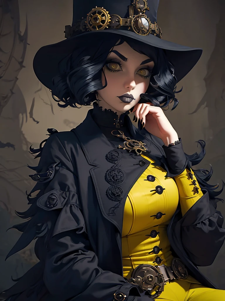 araffe dressed in a yellow coat and black pants posing for a picture, a portrait by Mab Graves, tumblr, gothic art, pale goth beauty, victorian goth, dieselpunk look, glamourous cosplay, very beautiful goth top model, goth chic, steampunk clothes, goth style, androgynous vampire, beautiful androgynous prince, gothic outfit, dystopian scifi outfit