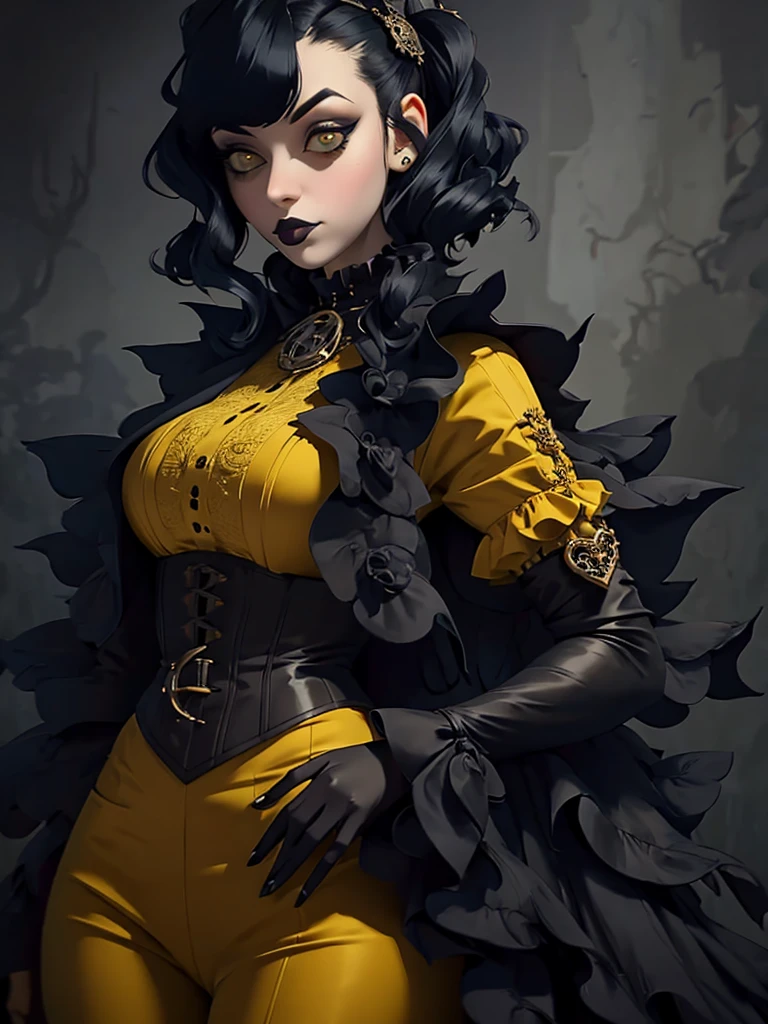 araffe dressed in a yellow coat and black pants posing for a picture, a portrait by Mab Graves, tumblr, gothic art, pale goth beauty, victorian goth, dieselpunk look, glamourous cosplay, very beautiful goth top model, goth chic, steampunk clothes, goth style, androgynous vampire, beautiful androgynous prince, gothic outfit, dystopian scifi outfit