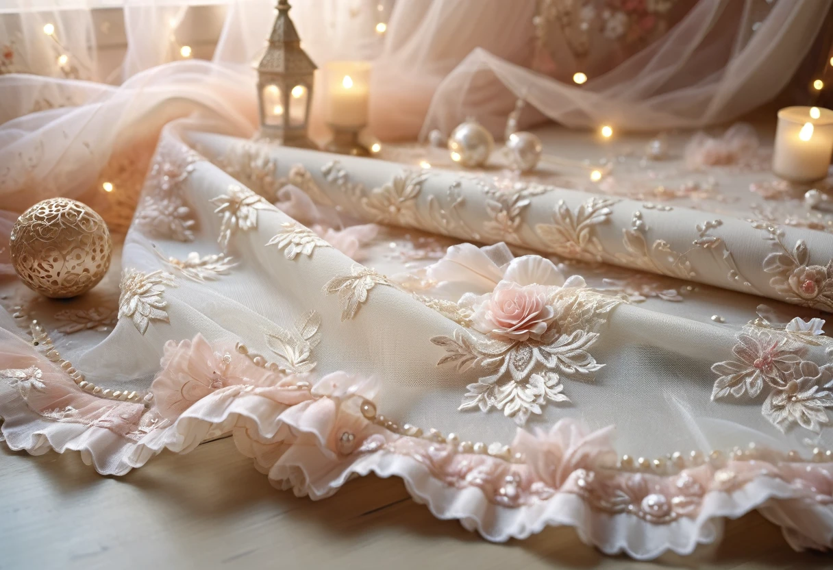 ((background only)),Overhead shot,(((masterpiece))), (((Highest quality))), ((Super detailed)), ((非常にdelicateで美しい)), (最高masterpiece:1.4),delicate,8k,((Arrange the square shaped fabric all over:1.5)),((A wall of frills:1.5))((Beautiful layered tulle wallpaper:1.5))((Generate cloth only:1.4)),(Zooming in on the tulle fabric that fills the entire screen:1.4)Collage fabric,ghostwhite,A lot of cotton,Fairy tale,ribbon,Pearl ornament,Glitter ornaments,doily,(Shabby chic),Cute atmosphere,Soft atmosphere,Wedding Decorations