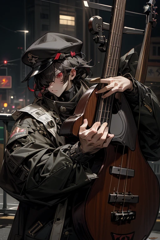 masterpiece,best quality,super detailed,super fine illustration,8k,Visual Kei Band,bass,army jacket,army hat,Eye patch,Break detailed background,city,Break bass,perfect bass,detailed bass,(Break he plays a bass.,perfect hands,perfect fingers,),(fullface brasched:1.3),
