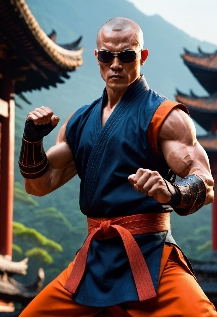 4D hyperrealistic image of a muscular character with a shaved head, wearing a traditional martial arts gi in shades of orange and black, in a dynamic attack pose with broad shoulders and well-defined muscles. The character's right arm is raised, showing a high-tech gauntlet emitting bright blue and red energy, swirling around, against a Shaolin temple background in a valley with rainforest at dusk or dawn, dark and moody with gothic aesthetics and advanced technology.