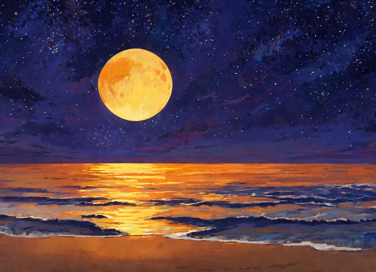 Transition at the beach Express the cycle of day and night at the beach by using contrasting colors. Sunset images use warm colors to convey the energy and activity of the evening. While the moonrise uses cool colors to convey the tranquility and reflection of the night through these works. Viewers will completely experience the beauty and nuances of natural transformation. Drawn in cool colors 80%and warm colors 20% Make geometric shapes, cartoon pictures