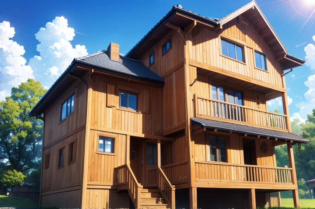 Wooden house, cloud, sun, Two Floors