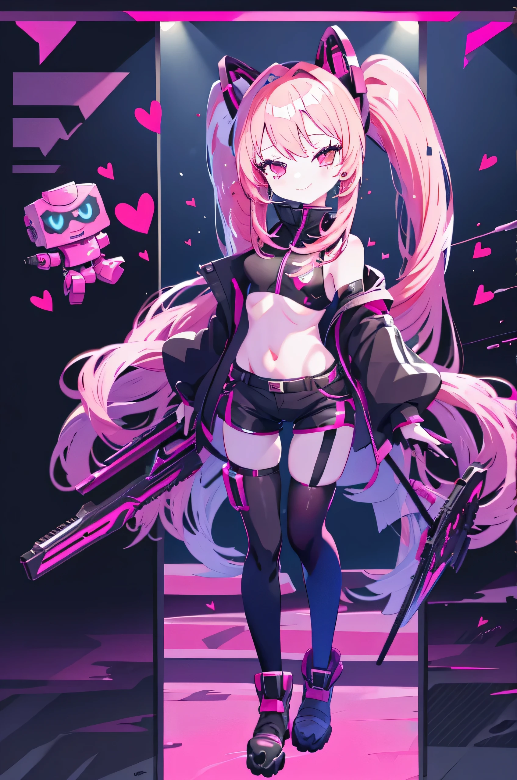 Cute, 1girl, pink hair twintails, black jacket, black tight shorts, see through pantyhose, smile, pink eyes with heart in it, holding pink gun, little robotic pink puppets