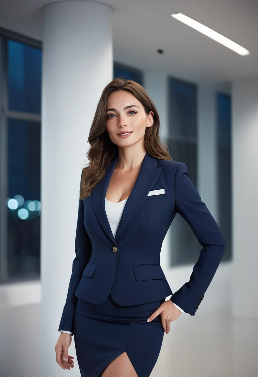 (wavy brunette perfect body Supermodel), wearing (navy blue business suit with skirt), pose with a slight smile, feminine fit detailed body and face and skin pores, highly detailed expressive, space above head, depth of field, skin details, office lights, ultra realistic, cinematic
