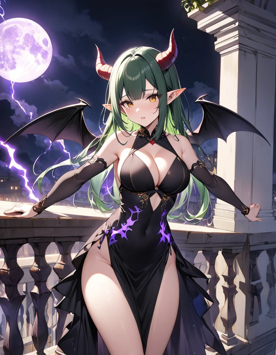 (nsfw)、high resolution、High definition、Fantasy、One Woman、Slim, small butt, large breasts、Golden eyes、BRAKE 、[dark green hair:scarlet hair:0.5]、BRAKE、Pointed Ears、Fair skin、((Get ready、Thrust your arms forward))、((Shoots purple lightning from his hands))、(Horns behind ears, red, curved, downward curl, angular, forward facing)、BRAKE、 (a pair of huge black bat wings growing at the base of the hips), BRAKE 、(Black dress, ultra-thin fabric, shoulders visible, see-through, red embroidery, long sleeves, long hem, decorative string、 cleavage, cleavage cutout, plunging necklines:1.2,)、A flushed and fragile expression、(night moon old balcony)、
