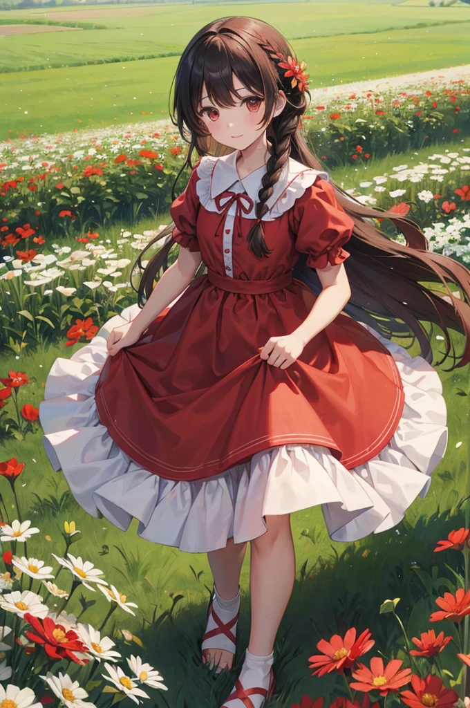 a cartoon illustration of a young girl in a red dress standing in a field of flowers, 1girl, solo, dress, red dress, flower, long hair, outdoors, braid, short sleeves, looking at viewer, white flower, day, field, holding, puffy sleeves, sky, ribbon, feet out of frame