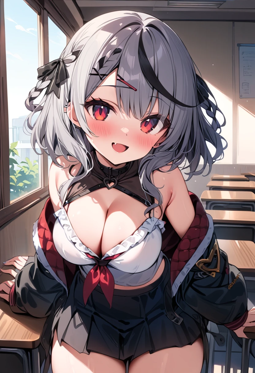 serafuku, skirt,looking at viewer,indoors, classroom,1girl ,red eyes, cleavage, multicolored hair, grey hair, streaked hair, hair ornament, smile, black hair, clothing cutout, piercing, braid, fang,masterpiece, high resolution, octance 4k, high detail, long shot