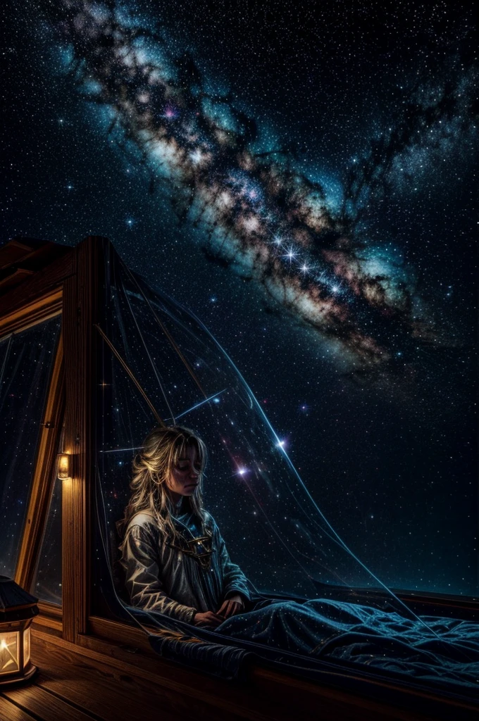 a cabin in space, sleeping person, spiritual projection, spiritual dimension, aura energy, celestial light, person flying in the starry sky, universe, intricate details, hyperrealistic, 8k, highly detailed, cinematic lighting, vibrant colors, serene atmosphere, dreamlike, mystical, transcendent, ethereal, otherworldly, stunning, awe-inspiring, golden